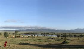 Landschaft in Tansania mit Rindern, Kuhhirte in rot, einem See und Bergen im Hintergrund