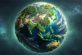 KI-erstelltes Bild einer technisierten, grünen Erde mit Leiterbahnen ähnlich einem Mikrochip auf dem asiatischen Kontinent