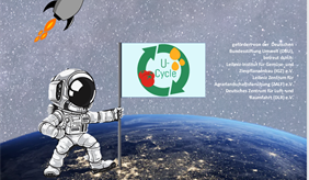 Astronautin mit U-Cycles-Logo auf dem Planeten Erde