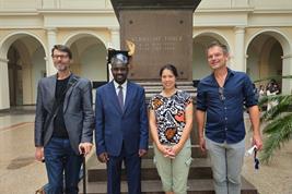 Nach der erfolgreichen Verteidigung (v.l.n.r.): Prof. Dr. Timo Kautz (HU Berlin), Harison Kipkulei, Prof. Dr. Sonoko Bellingrath-Kimura, Prof. Dr. Stefan Sieber (beide ZALF)