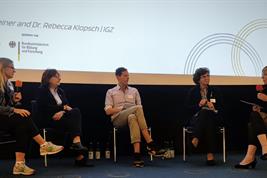 Von links: Monika Schreiner, Christine Lang, Matthias Lech, Sabine Kulling und Rebecca Klopsch auf der Panel Diskussion beim ersten Agricultural Systems of the Future Summit in Berlin