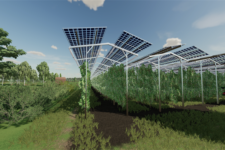  Agri-PV-Anlage über Sonderkulturen im Spalier aus dem Computerspiel Landwirtschatfssimulator | Quelle: © Helge Wanta / TU Dresden.