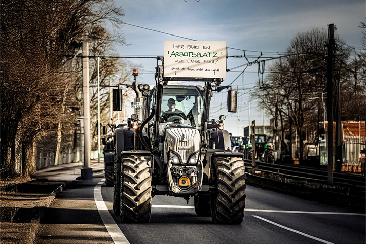Ein Landwirt fährt während einer Protestaktion in Deutschland einen Traktor. Auf dem Schild steht: „Hier fährt ein Arbeitsplatz – wie lange noch? Wenn der Landwirt stirbt, stirbt auch das Land!“ Dies spiegelt die wachsende Besorgnis der Landwirte über den wirtschaftlichen Druck und die fehlende Anerkennung in der Agrarpolitik wider. Das Bild wurde mithilfe von Adobe Firefly von Hochkant in Querformat erweitert und kann für redaktionelle Zwecke kostenfrei verwendet werden bei Angabe der Quelle: © Pixabay.