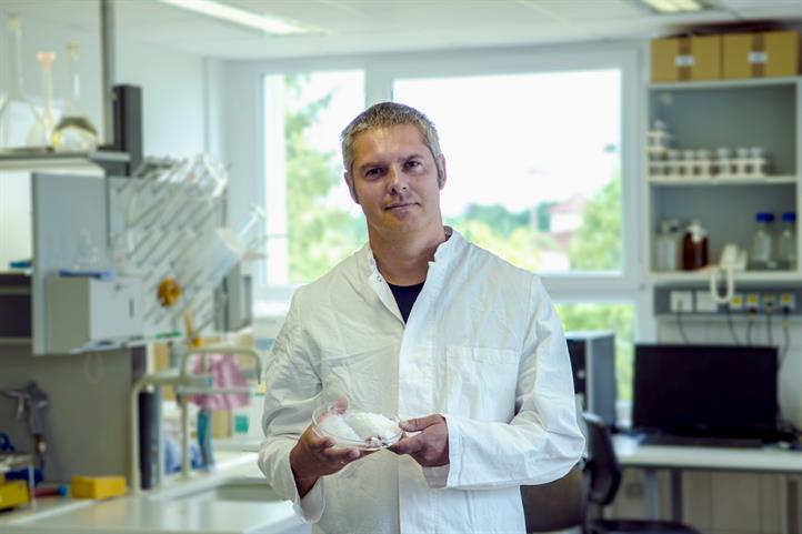 Jörg Schaller im Labor mit einer Petrischale voll Silizium. Quelle: © Hendrik Schneider / ZALF.