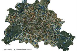 Karte Berlins mit der Position der 231 Lebensmittelpunkte für die regionale Versorgung der Stadt